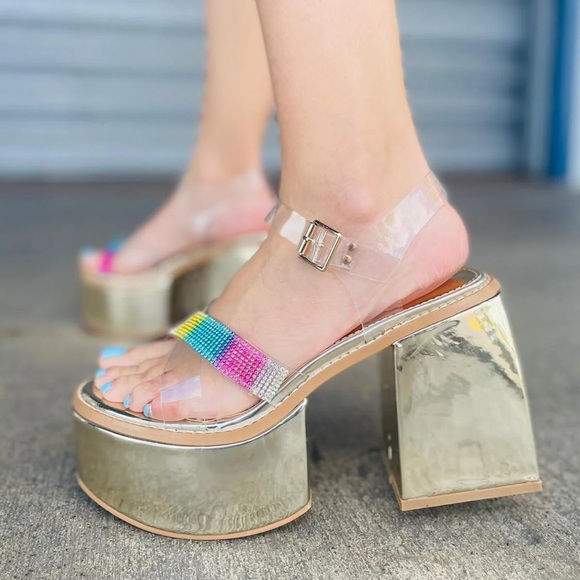 Chunky Gold Clear Strap Platfrom Heel - Picture 1 of 4